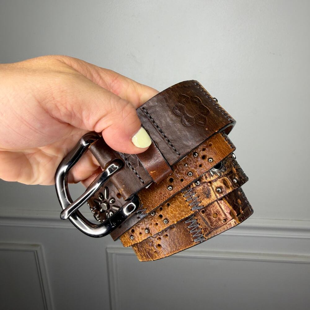 Fossil Vintage Brown Leather Patchwork Belt Womens Medium - Picture 2 of 7